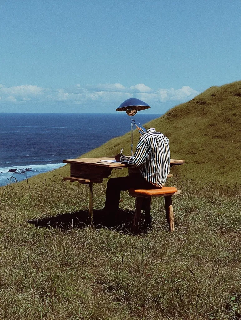 A headless figure in a striped shirt sits at a wooden desk overlooking a vast ocean.  A unique lamp with a wide shade illuminates the scene. The desk and stool are simple, rustic, and placed on a grassy hillside, creating a serene and slightly surreal atmosphere. The vastness of the sea contrasts with the solitary figure, emphasizing a sense of peace and contemplation.