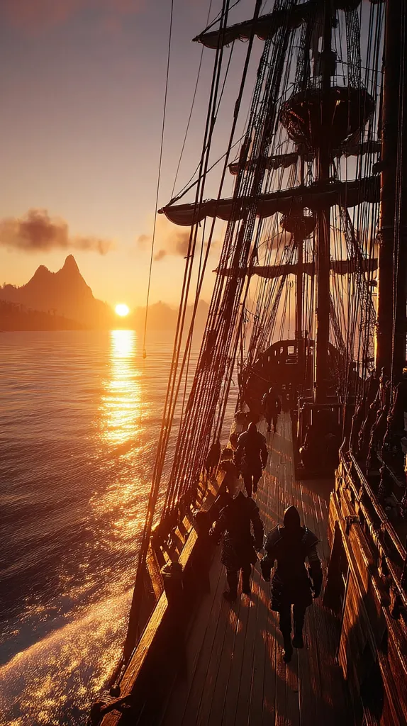 A majestic sailing ship glides across a calm sea at sunset.  Silhouetted figures walk the deck, their forms stark against the warm, golden light reflecting on the water.  Mountains rise in the distance, creating a dramatic backdrop to this serene, yet adventurous scene.  The image evokes a sense of travel, exploration, and the beauty of the open ocean.