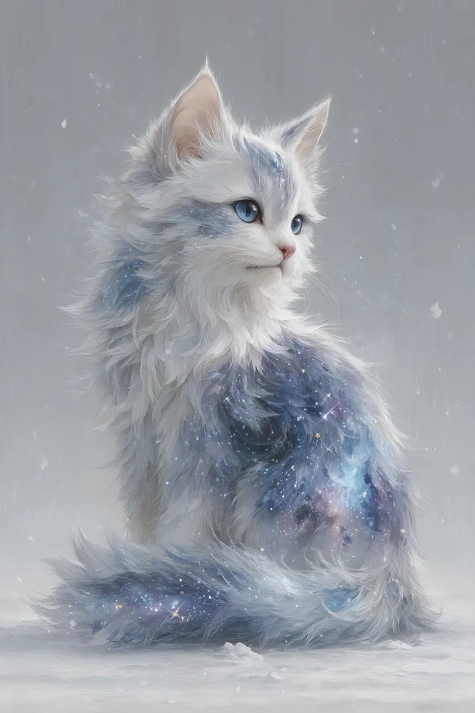 A fluffy white kitten with mesmerizing blue eyes sits gracefully.  Its fur is infused with a celestial galaxy pattern, shimmering with stardust.  The kitten's pose and ethereal appearance evoke a sense of magical wonder, set against a soft, gray background with delicate falling snow. The overall impression is one of serene beauty and otherworldly charm.