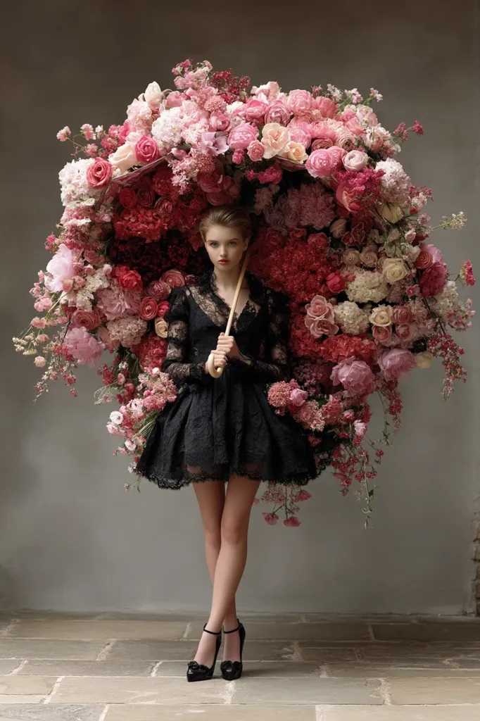 A young woman in a black lace dress stands under a massive floral umbrella.  The umbrella is densely packed with various shades of pink and red flowers, creating a breathtaking spectacle.  She holds the umbrella's handle, her pose elegant and serene. The scene is set against a muted gray backdrop, enhancing the vibrant colors of the flowers.  Her black shoes complement her dress, completing the darkly romantic aesthetic.