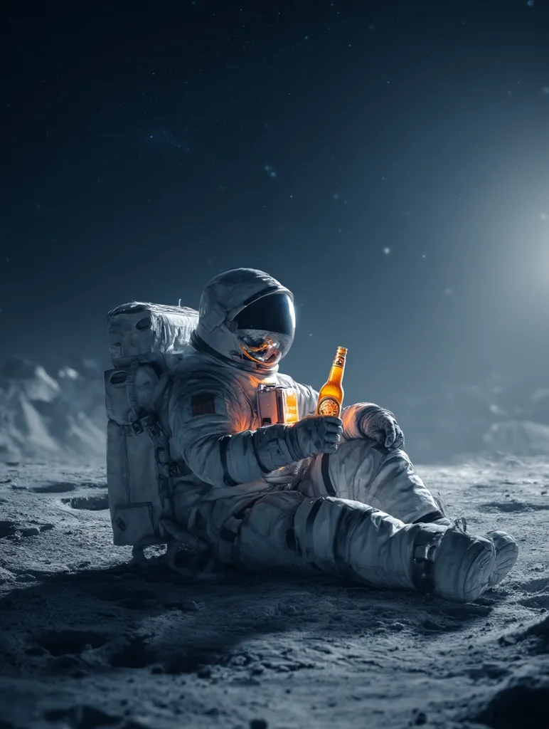 A lone astronaut sits on the lunar surface, illuminated by a soft glow.  The astronaut, in a full spacesuit, holds a bottle of beer.  The scene is serene and slightly melancholic, with a vast, dark starry sky providing a stark backdrop to the desolate lunar landscape.  The image conveys a sense of isolation and quiet contemplation.