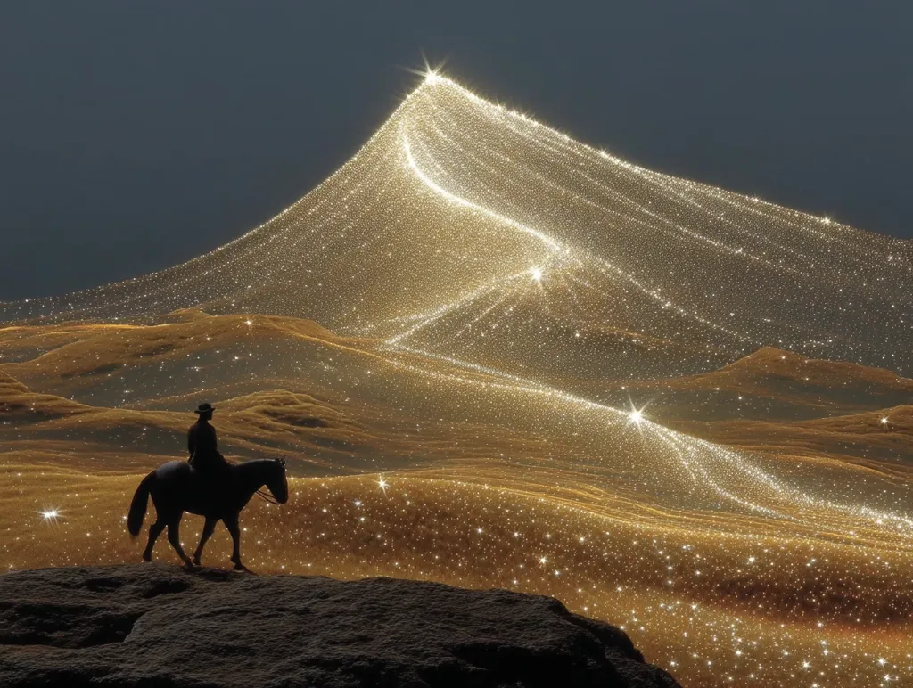 A lone cowboy on horseback silhouetted against a breathtaking, shimmering landscape.  The hills and mountains are composed of countless golden sparkles, creating a surreal and ethereal scene. The rider appears small against the vast, glittering expanse, suggesting a journey into a magical, otherworldly realm. The overall mood is one of wonder and solitude.