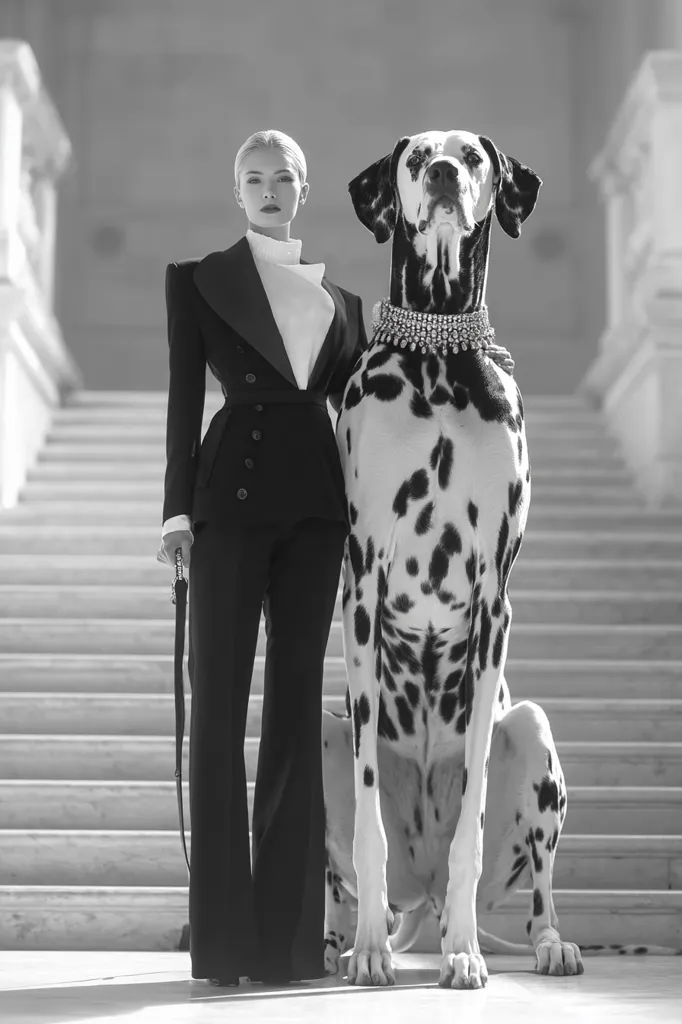 A woman in a sharp black pantsuit stands on a grand staircase alongside a large Dalmatian.  The dog, adorned with a jeweled collar, sits calmly beside her. The monochromatic image emphasizes the elegance of both subject and pet, creating a striking visual contrast between the tailored suit and the dog's spotted coat. The scene is one of sophisticated poise and understated luxury.