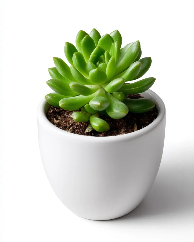 A vibrant green succulent, possibly a Echeveria, thrives in a small, round white pot.  The succulent's thick, fleshy leaves form a rosette shape. Dark brown soil is visible around the base of the plant. The simple white pot provides a clean contrast to the plant's lush greenery. The image is set against a stark white background.