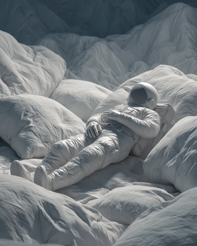 A monochrome image depicts an astronaut in a white spacesuit lying peacefully amidst a bed of oversized, crumpled white pillows. The scene resembles a surreal, dreamlike landscape, with the pillows forming soft, undulating hills. The astronaut's relaxed posture suggests rest or sleep, creating a sense of tranquility and otherworldly calm. The monochromatic palette enhances the ethereal atmosphere.
