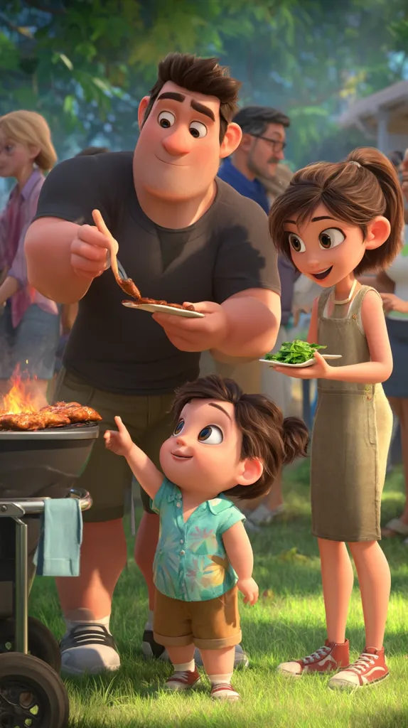 A heartwarming animated scene depicts a family enjoying a barbecue.  A large, jovial father serves grilled food, while his daughter, wearing a floral shirt and shorts, eagerly anticipates a serving.  The mother, in a simple dress, holds a plate of greens.  The family is surrounded by a sunny, outdoor setting with other people in the background. The overall mood is cheerful and familial.