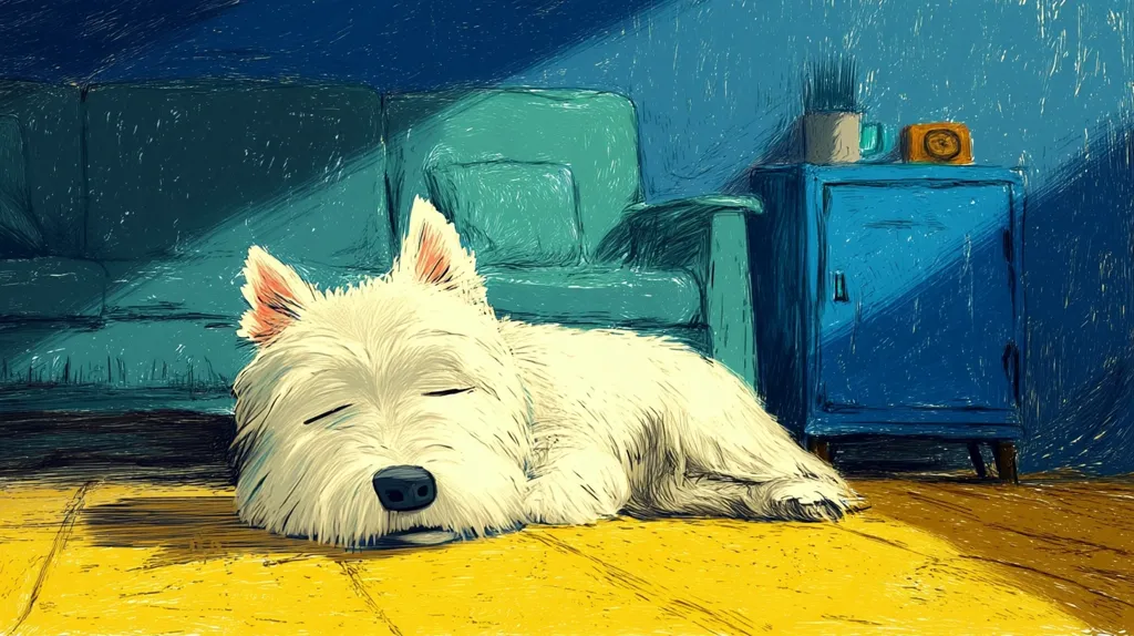 A West Highland White Terrier lies peacefully asleep on a yellow floor, bathed in a sunbeam.  A teal sofa and a blue nightstand with a clock and plant are visible in the background, suggesting a quiet, homey setting. The artistic style is painterly, with visible brushstrokes creating texture in the dog's fur and the room's furnishings. The overall mood is serene and calm.