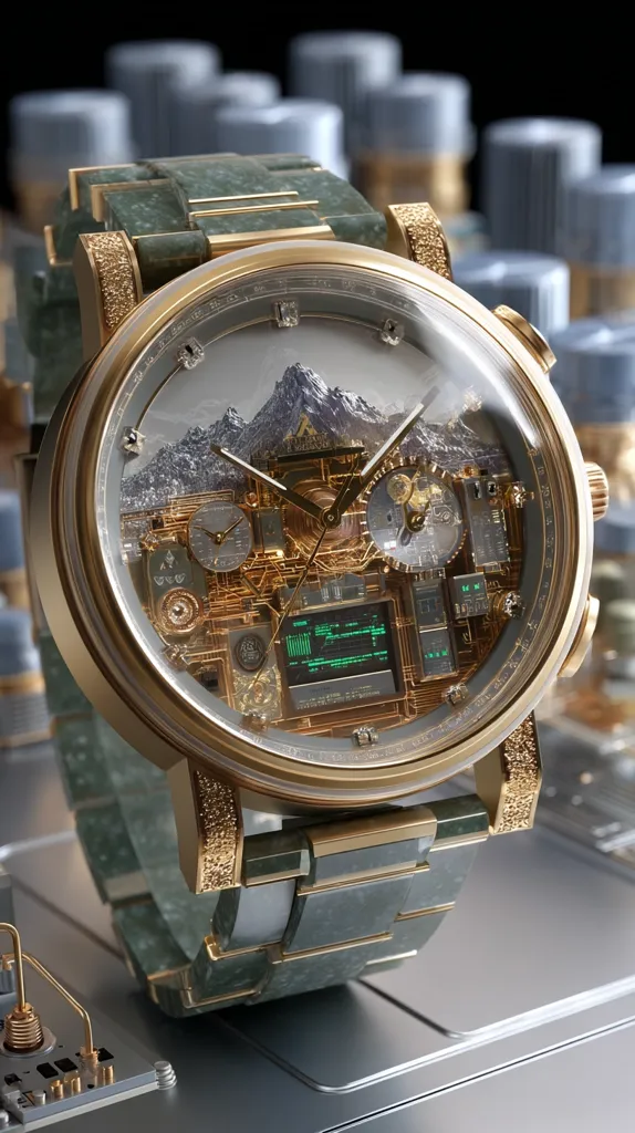 A meticulously crafted luxury wristwatch is showcased.  Its gold casing encases a complex, visible mechanism featuring a miniature mountain landscape.  The watch's band is composed of dark green stone segments, adding a unique textural contrast to the gold and the intricate detail of the internal workings visible through the crystal face.  A small digital display is integrated into the watch's design.  The background subtly shows a blurred array of grey containers.