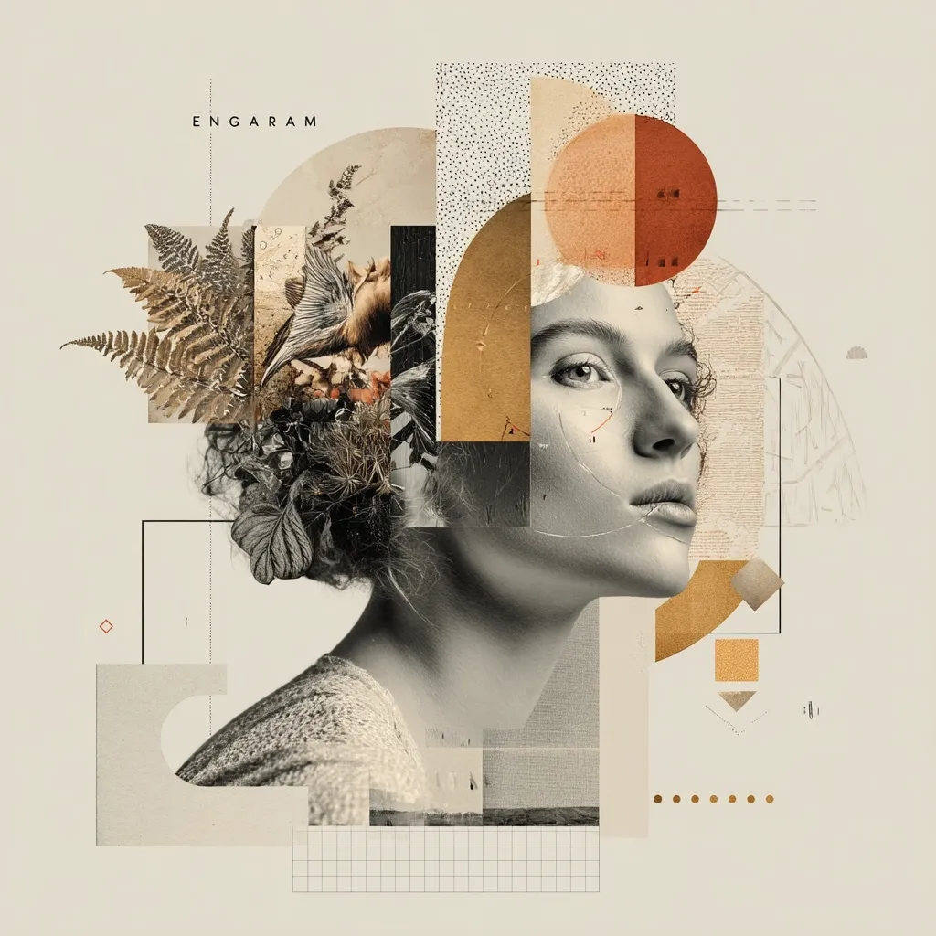 A contemporary collage titled "Engram" features a woman's profile in monochrome, overlaid with various textures and shapes.  Botanical elements, geometric forms, and textural paper fragments create a layered effect. Earthy tones of beige, brown, and ochre dominate the palette, suggesting a sense of introspection and natural beauty. The overall composition is sophisticated and visually intriguing, reflecting a blend of artistic styles.