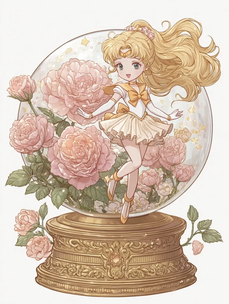 A charming illustration depicts a chibi-style Sailor Moon figure encased within a delicate snow globe.  She's adorned in a pale yellow sailor uniform, and her long blonde hair flows freely.  The globe is filled with blush-toned peonies and shimmering particles, resting on an ornate, gold music box base.  The overall aesthetic is soft, romantic, and whimsical.