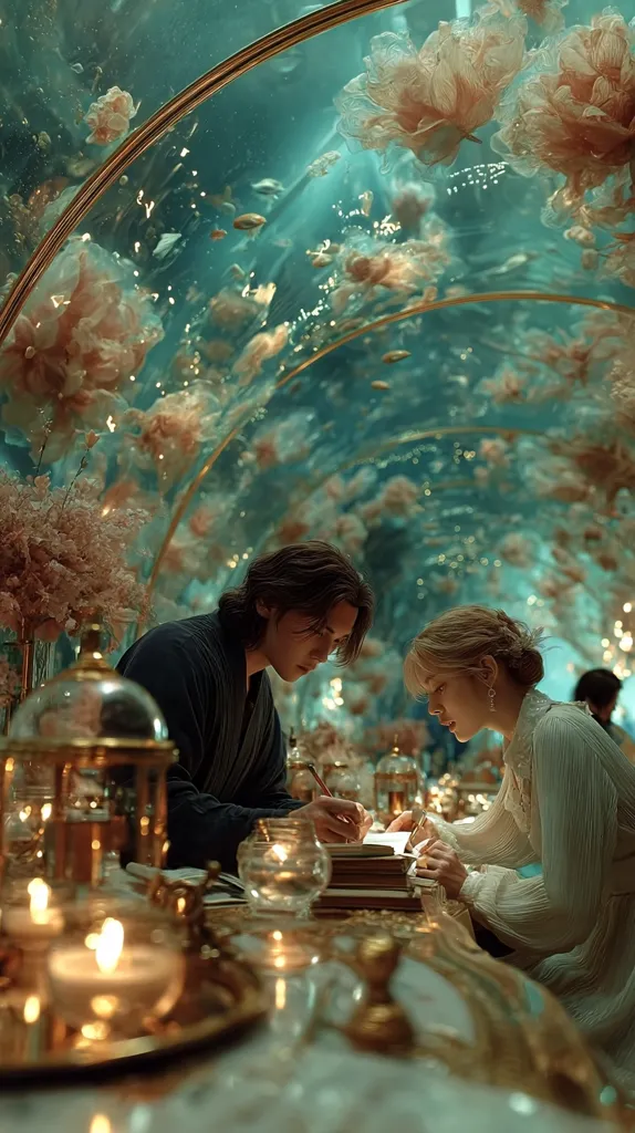 A young couple sits at a table bathed in candlelight, writing in a book.  They are surrounded by an opulent, underwater-themed setting with soft, glowing flowers and fish visible through curved glass walls. The scene is romantic and dreamlike, evoking a sense of mystery and intimacy.  The ambiance is luxurious, with gold accents and glass containers adding to the enchanting atmosphere.