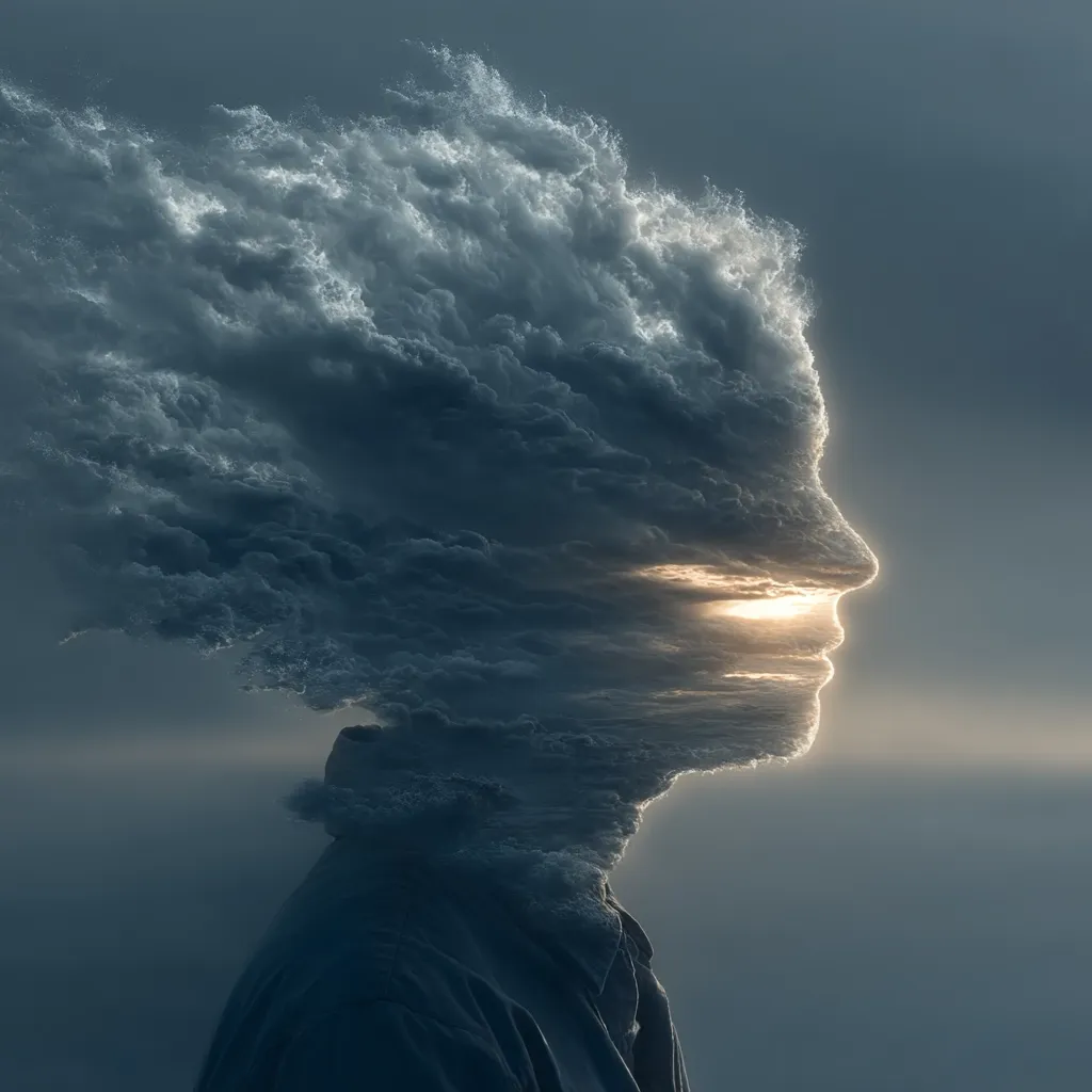 A profile view of a person's face, seemingly composed of dark, swirling clouds.  A radiant light shines through the clouds near the eye, suggesting inner strength or hope. The overall effect is surreal and evocative of internal struggle or transformation, with the cloudy form implying a turbulent mind. The individual is dressed in dark clothing, blending seamlessly with the cloudy visage.