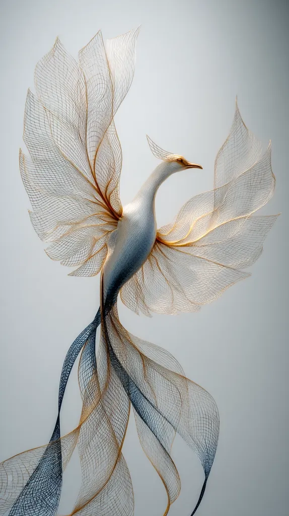 A delicate, ethereal phoenix is depicted in this artwork. Its wings and tail are crafted from a fine, woven mesh in shades of gold and navy blue, creating a translucent, almost skeletal effect. The body of the phoenix is a pale blue-gray, contrasting subtly with the intricate wings. The overall impression is one of elegance, fragility, and mythical beauty.