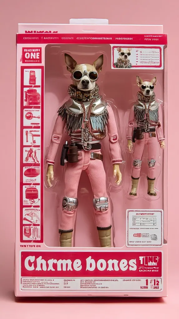 A pink action figure of a chihuahua in a pink jumpsuit and silver armor is displayed in its packaging.  The figure is part of a "Chrome Bones" collection by TING, and includes a smaller, similar figure. The box features various details, including assembly instructions and small print. The overall aesthetic is vibrant and playful.
