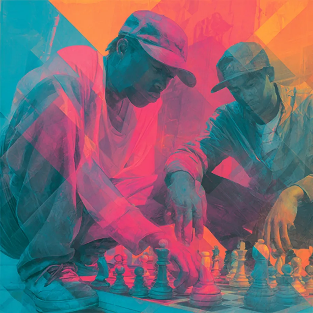 Two young men, wearing caps, are intensely focused on a chess game.  The artwork is stylized with vibrant, contrasting shades of teal and pink, creating a dynamic, layered effect. Their postures suggest deep concentration and strategic thinking. The bold color palette and geometric composition add to the piece's energetic and expressive quality.