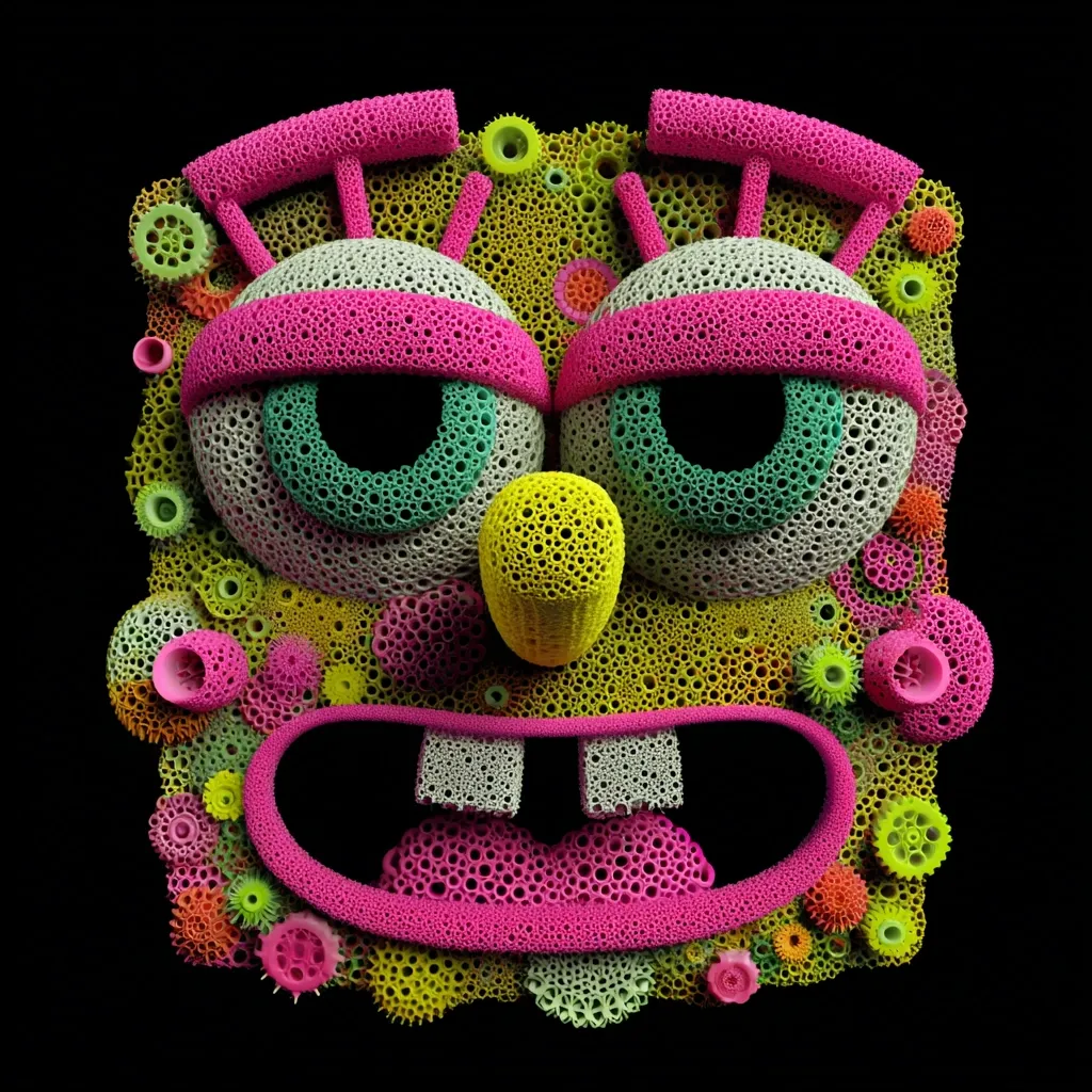 A vibrant, 3D-rendered face resembling SpongeBob SquarePants is depicted.  Constructed from a multitude of interconnected, porous spheres in various bright colors – pinks, yellows, and greens – it creates a textured, organic look. The design is highly detailed, with each facial feature meticulously crafted from the same spherical elements, giving the impression of a coral reef or porous structure. The overall aesthetic is playful yet intricate.