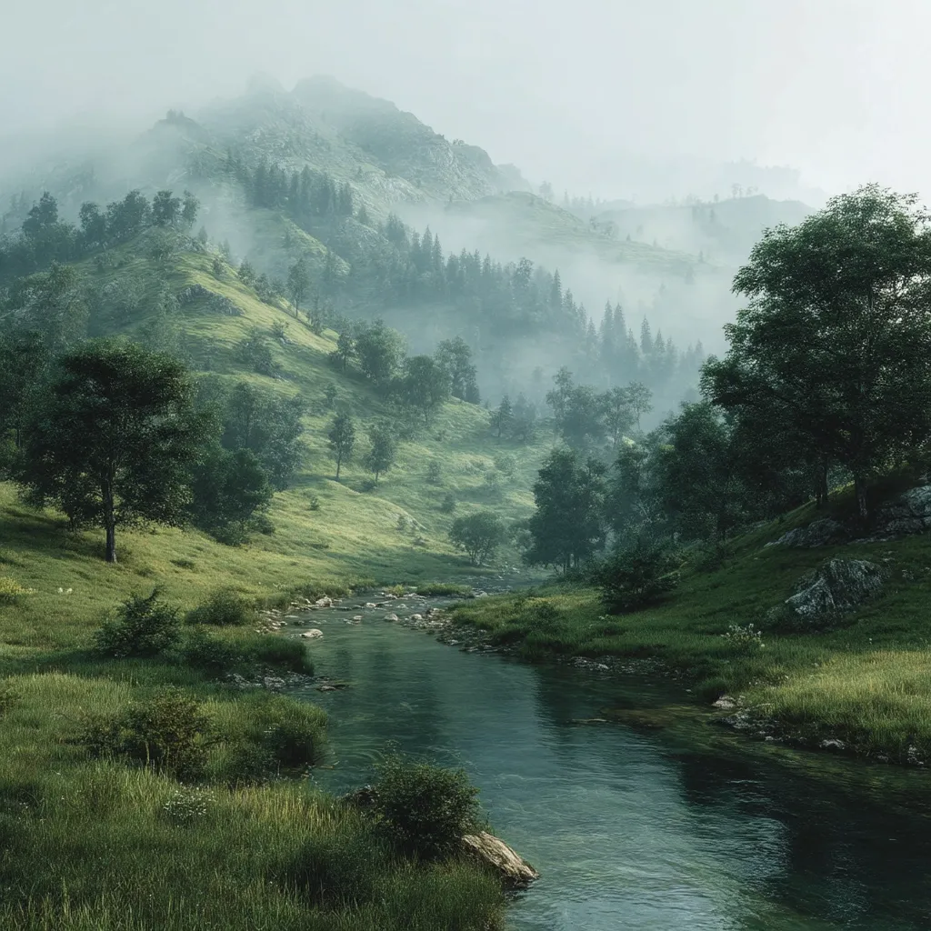 A serene landscape unfolds, showcasing a meandering river flowing through a lush green valley.  Mist hangs in the air, softly cloaking the rolling hills and distant mountains, densely forested with dark evergreens. The scene is tranquil and idyllic, evoking a sense of peace and untouched natural beauty.  Sunlight filters through the mist, illuminating the vibrant greenery.