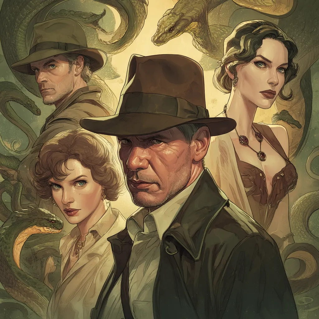 A stylized illustration depicts Indiana Jones, center, flanked by three other characters.  Jones, in his iconic fedora and jacket, stares intensely.  To his left, a woman with short, styled hair looks concerned. To his right, a glamorous woman in a revealing outfit stands with an air of mystery.  A man in a similar hat to Jones is visible to the left, his expression serious.  Large, menacing snakes coil around the edges of the image.  The overall tone is adventurous and suspenseful.