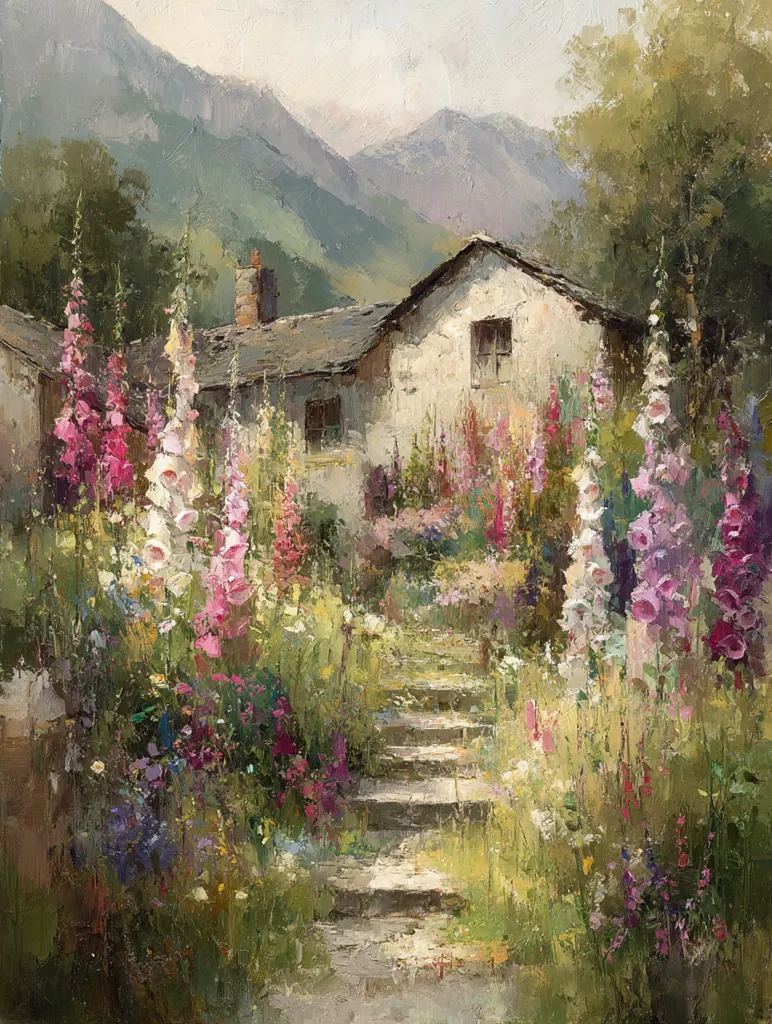 A stone staircase winds through a vibrant flower garden, leading to a quaint cottage nestled against a mountainous backdrop.  Tall foxgloves and various wildflowers bloom in profusion, creating a lush, idyllic scene. The muted colors of the cottage and mountains contrast beautifully with the bright blossoms, evoking a sense of peaceful tranquility in a rural setting.  The painting style is impressionistic, with visible brushstrokes adding texture and depth.