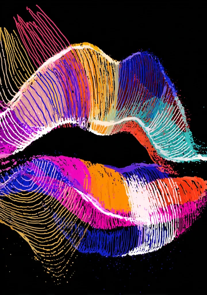 A vibrant, abstract depiction of lips is presented against a stark black backdrop.  The artwork utilizes a dynamic interplay of bright, multicolored lines and brushstrokes to create a sense of movement and energy.  The colors are intensely saturated, ranging from deep blues and purples to fiery oranges and pinks, forming a striking visual composition. The style is bold and expressive, suggesting a modern, possibly digital, approach to art.