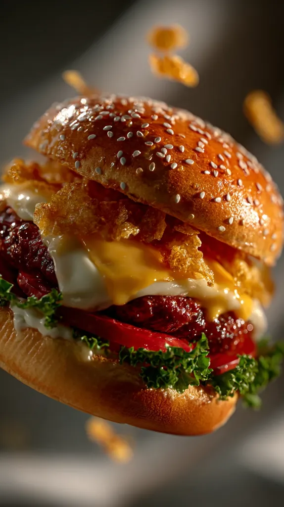 A juicy burger, seemingly suspended in mid-air, is the star of this image.  The sesame seed bun cradles a flavorful patty, melted cheese, a creamy sauce, crispy fried onions, and fresh lettuce.  Bits of crispy topping are scattered around, enhancing the dynamic, appetizing composition.  The lighting highlights the textures and richness of this gourmet burger.