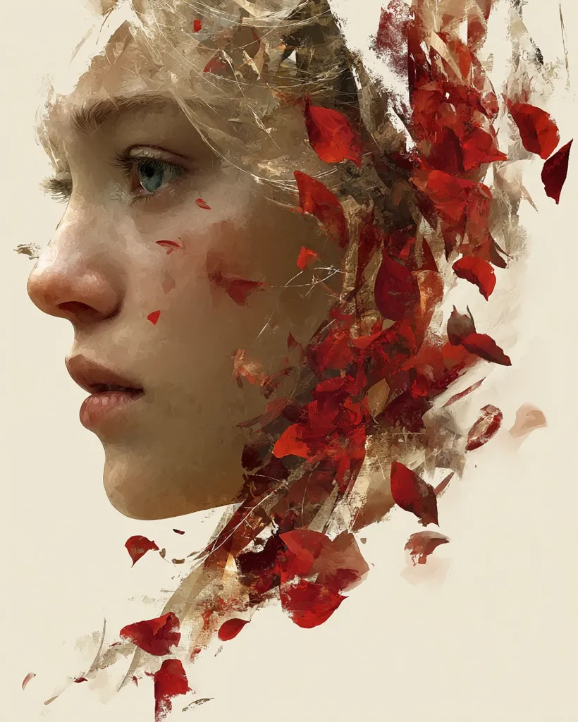 A painting depicts a woman's profile, her blonde hair blending with a cascade of red, petal-like shapes.  The style is impressionistic, with loose brushstrokes creating a dreamlike atmosphere. Her expression is wistful, her gaze directed to the side. The red elements suggest falling leaves or flowers, contrasting with the pale skin tones and creating a sense of fragility and beauty. The overall effect is evocative and somewhat melancholic.