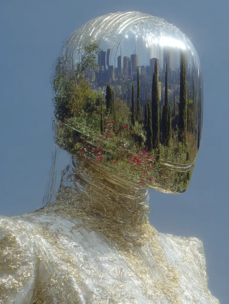 A digital artwork depicts a figure wearing a translucent helmet reflecting a cityscape nestled within a garden. The helmet, seemingly made of glass or polished metal, showcases a vibrant contrast between urban architecture and lush greenery. The figure's attire is a flowing, ornate garment adorned with gold detailing, adding to the surreal and futuristic aesthetic.  The clear sky provides a serene backdrop.