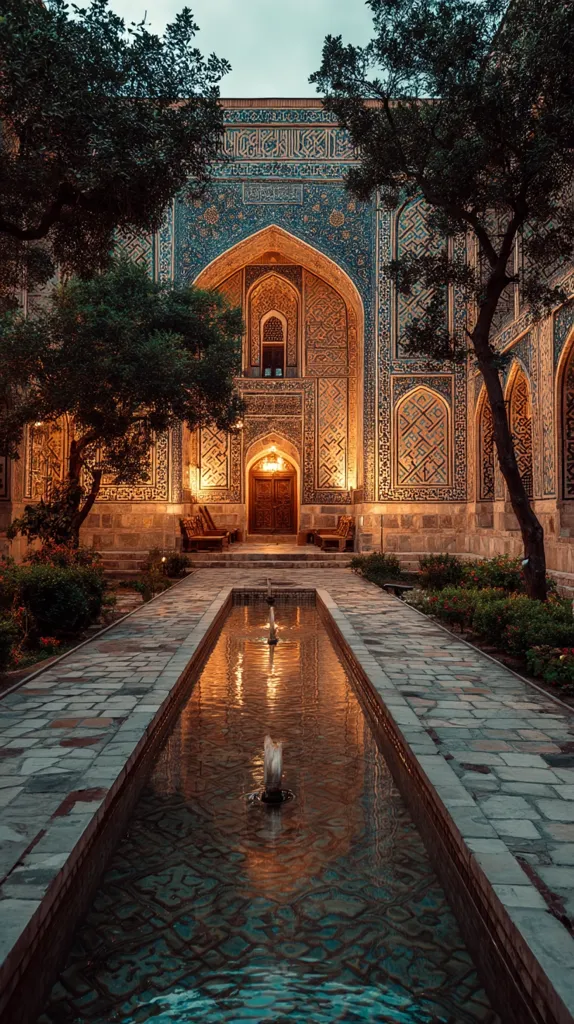A tranquil courtyard at dusk showcases a stunning building adorned with intricate turquoise and gold tilework.  A long, reflecting pool runs down the center of a stone pathway, leading to a grand wooden doorway.  Lush greenery frames the scene, illuminated by soft, warm lighting, creating a serene and captivating atmosphere.  The architecture is evocative of Central Asian design.