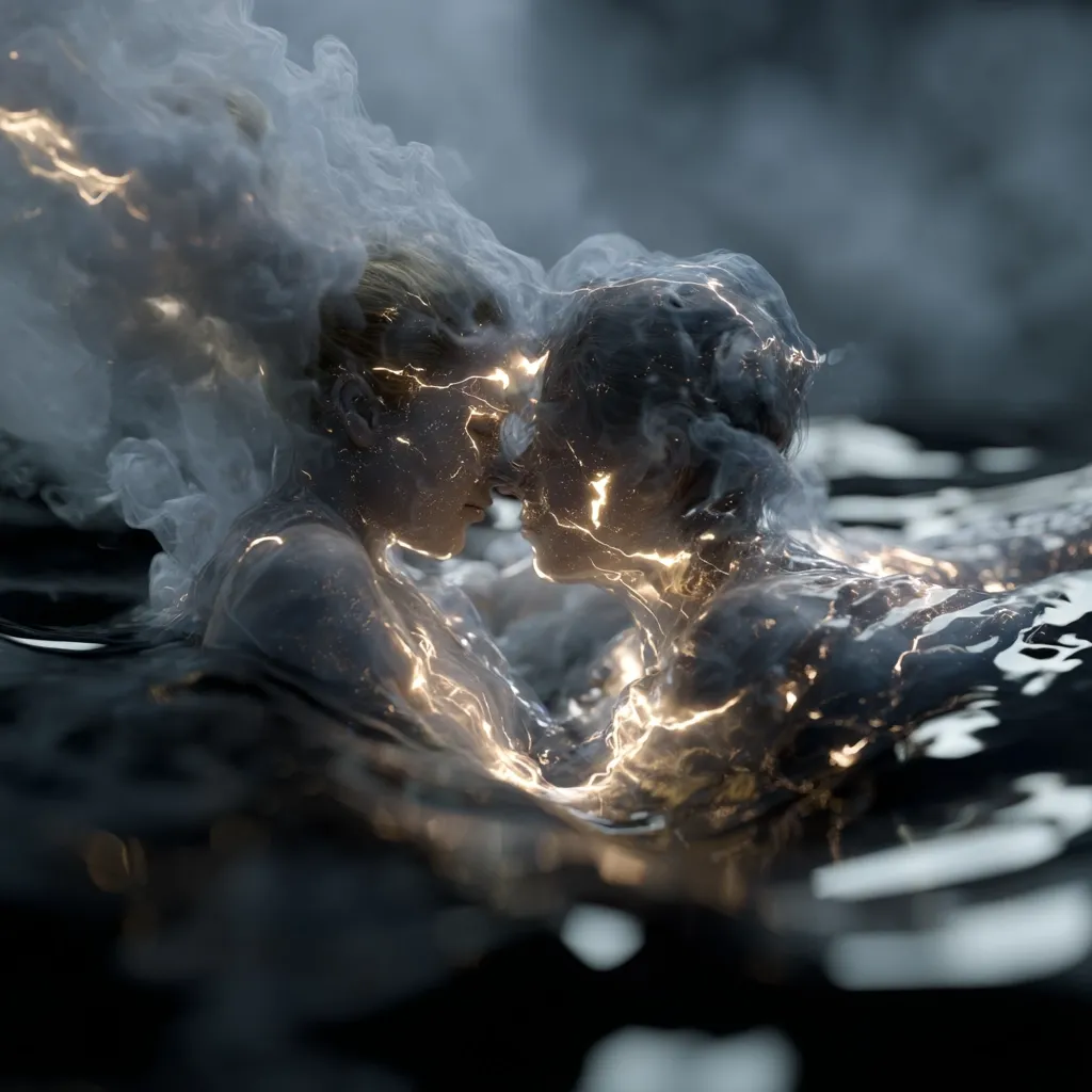 Two ethereal figures, seemingly composed of water and light, embrace underwater.  Golden energy flows between them as they share a tender moment, their faces almost touching.  Surrounding them is a swirling mist, adding to the mystical and dreamlike atmosphere of the scene. The dark water reflects the figures' luminous forms, creating a captivating visual.