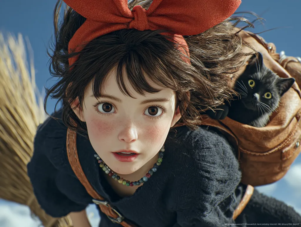 A close-up, digitally rendered image depicts a young girl, resembling Kiki from Kiki's Delivery Service, with large expressive eyes and rosy cheeks. She wears a red bow and dark clothing, flying on a broomstick with a black cat nestled in her brown backpack.  The girl's gaze is directed towards the viewer, creating an intimate and engaging composition. The background suggests a bright, sunny sky.