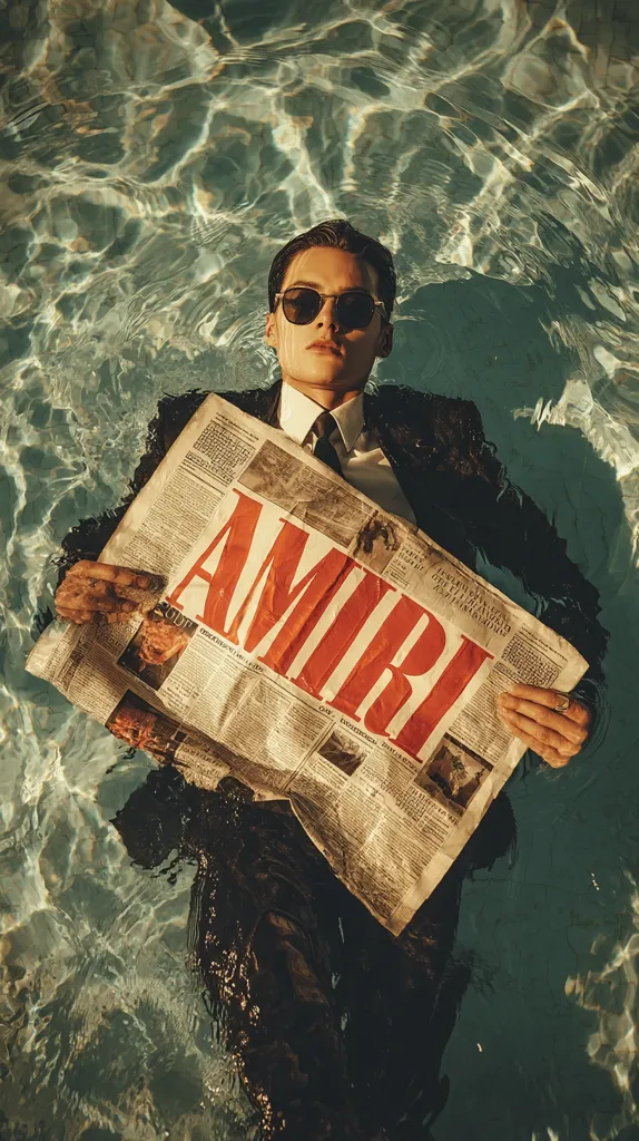 A young man in a dark suit and sunglasses floats in a pool, holding a newspaper with "AMIRI" prominently displayed. The water is clear, allowing for visibility of the man and the newspaper.  The overall scene is stylish and somewhat mysterious, evoking a sense of calm and intrigue. The sunlight glints off the water's surface.