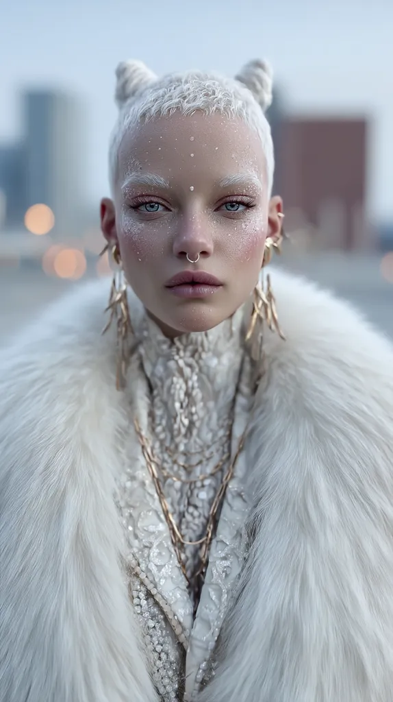 A young woman with a shaved head and platinum blonde hair styled in small topknots wears a luxurious white fur coat. Her makeup features a frosty, ethereal effect, complemented by delicate gold jewelry including long, ornate earrings and a layered necklace.  She is captured in a close-up shot, her expression serious and her gaze direct. The background is a softly blurred cityscape.