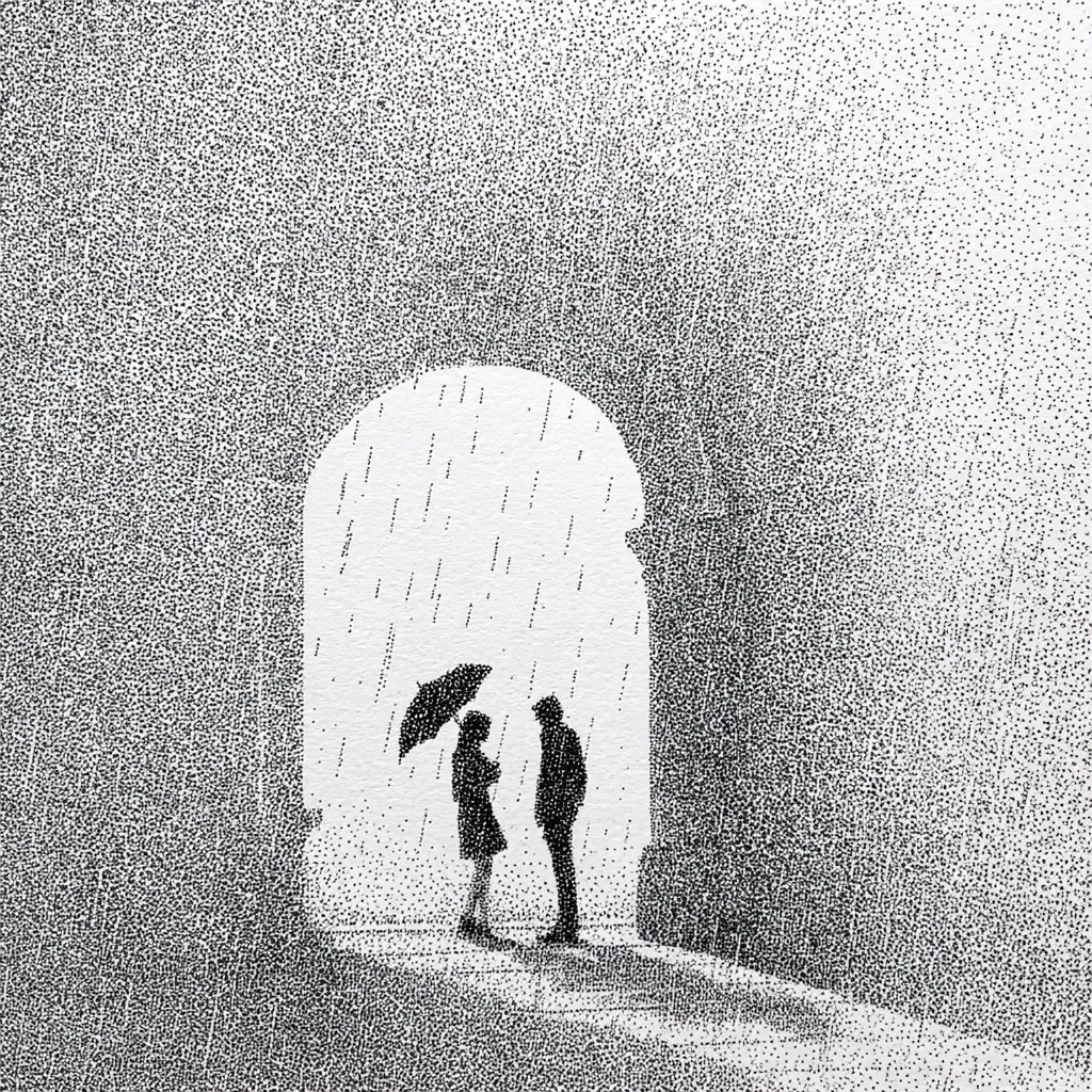 A pointillist drawing depicts two silhouetted figures, a woman with an umbrella and a man, standing under an archway during a rainstorm.  The rain is represented by vertical lines of dots, creating a textured effect. The scene is monochromatic, with varying densities of dots creating depth and shading.  The overall mood is contemplative and slightly melancholic.