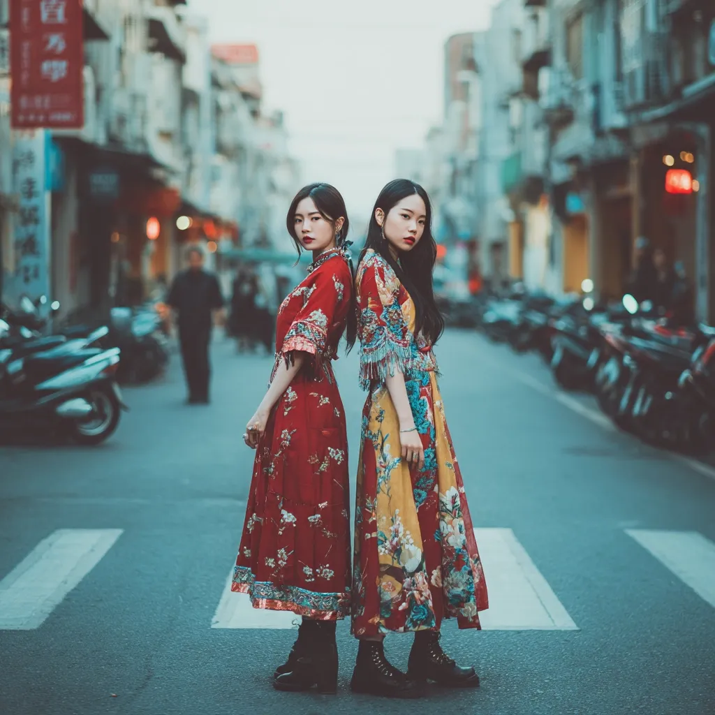 Two young women stand back-to-back on a city street, posing for a photo.  They wear long, flowing dresses; one red with floral patterns, the other yellow and blue with similar detailing.  The dresses appear to be modern interpretations of traditional Chinese clothing.  The background features a blurred cityscape with parked motorbikes, creating a contrast between the subjects and their urban setting.