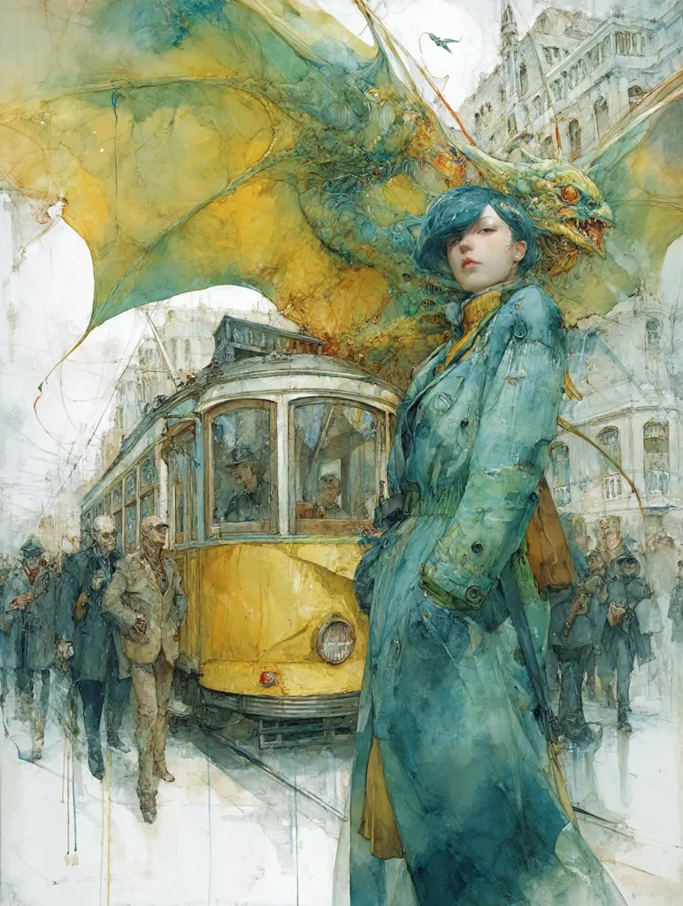 A woman in a teal coat stands beside a yellow vintage tram, a fantastical dragon's wing draped over her shoulder. The scene unfolds in a European city, with old buildings and a crowd of people in muted tones. The painting uses watercolor techniques to blend the woman, the dragon, the tram, and the city into a surreal and evocative composition. The style is painterly, emphasizing textures and atmosphere.