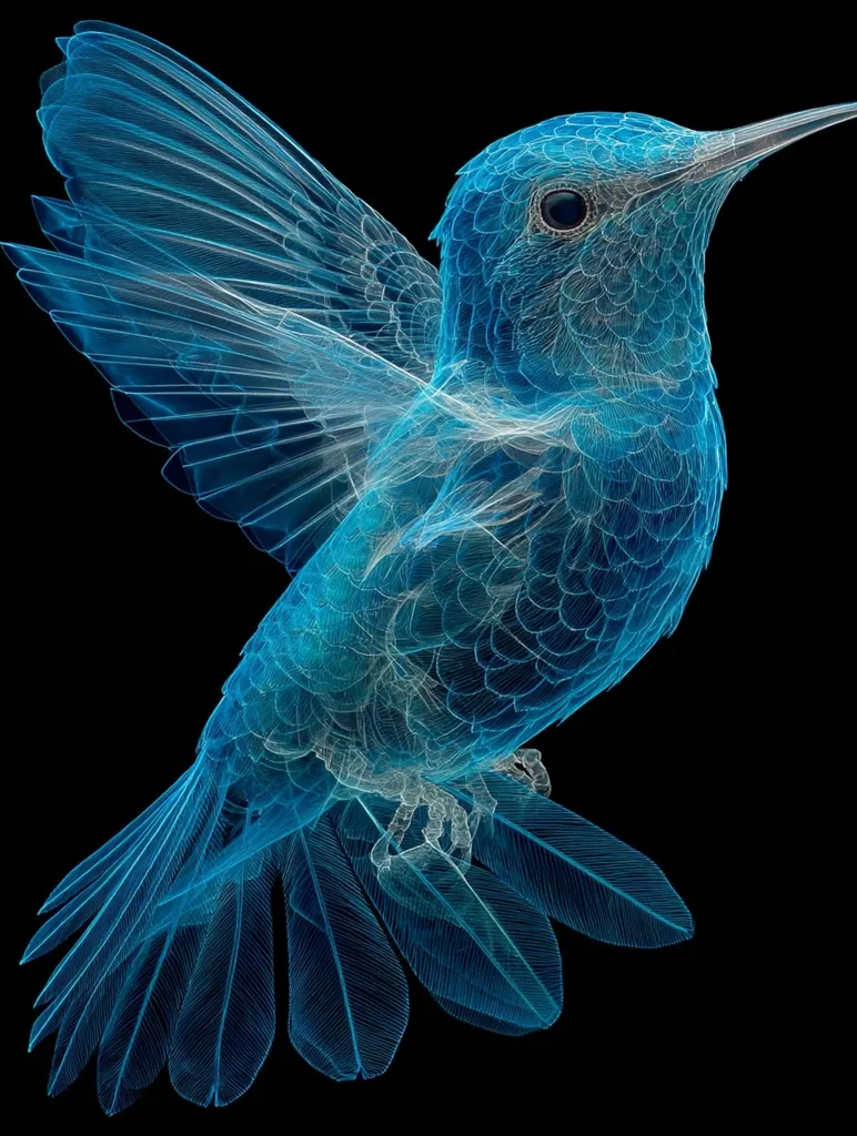 A stylized hummingbird is depicted in a vibrant, translucent blue against a stark black background.  Its wings are outstretched, showcasing intricate detail in the feathers.  The bird's form is almost ethereal, resembling a wireframe or digital rendering, highlighting its delicate structure and graceful posture. The image conveys a sense of both beauty and technological artistry.