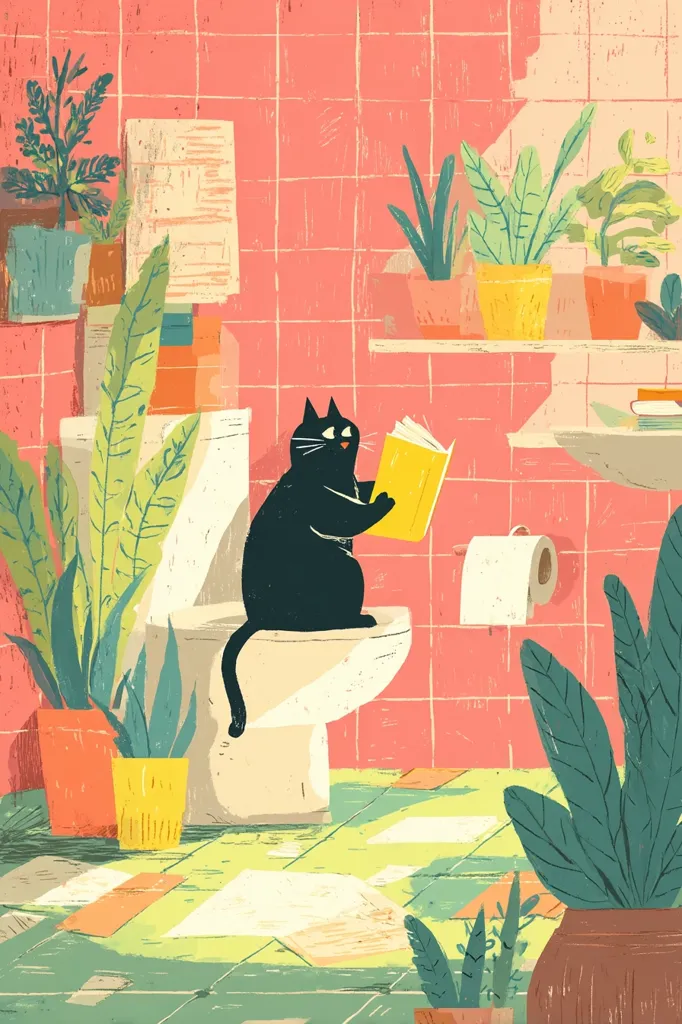A black cat sits on a toilet in a brightly colored bathroom, engrossed in a yellow book.  The room features pink tiled walls, numerous potted plants, and a whimsical, slightly textured artistic style.  Papers are scattered on the floor, adding to the scene's relaxed and slightly chaotic charm.  The overall impression is one of playful domesticity.
