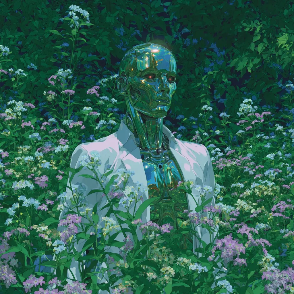 A chrome-gold android, wearing a white blazer, stands serenely amidst a vibrant garden.  Delicate purple and blue flowers surround the robot, creating a striking contrast between organic nature and metallic artificiality.  The scene is peaceful and subtly evokes themes of technology's integration with nature.  The android's red eyes add a touch of unease to the otherwise tranquil image.
