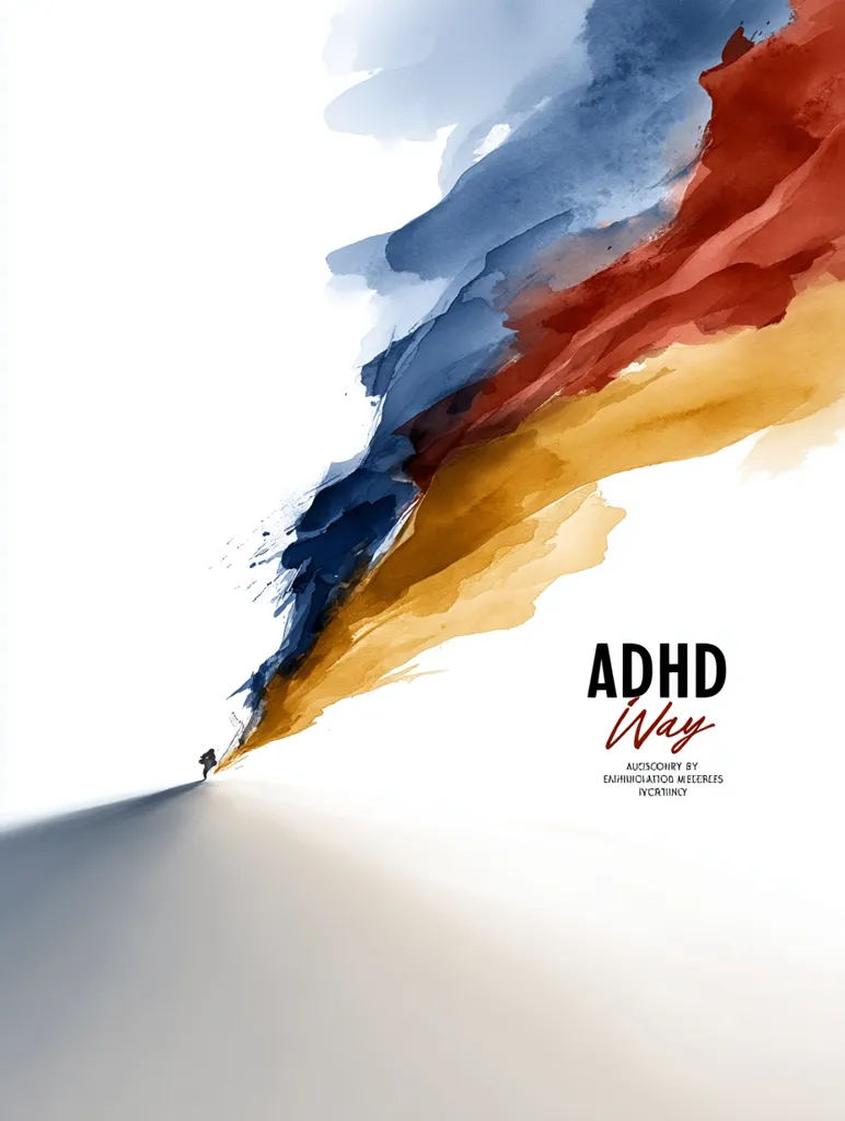 An abstract watercolor painting in shades of blue, red, and gold dominates the background.  A small, dark figure walks towards a vibrant, dynamic splash of color, suggesting a journey or movement. The words "ADHD Way" are prominently displayed, implying a theme of navigating ADHD.  The artwork is visually striking, and the text indicates an audio story by Eshhhiolatoo Meerebes, Iverrincy.