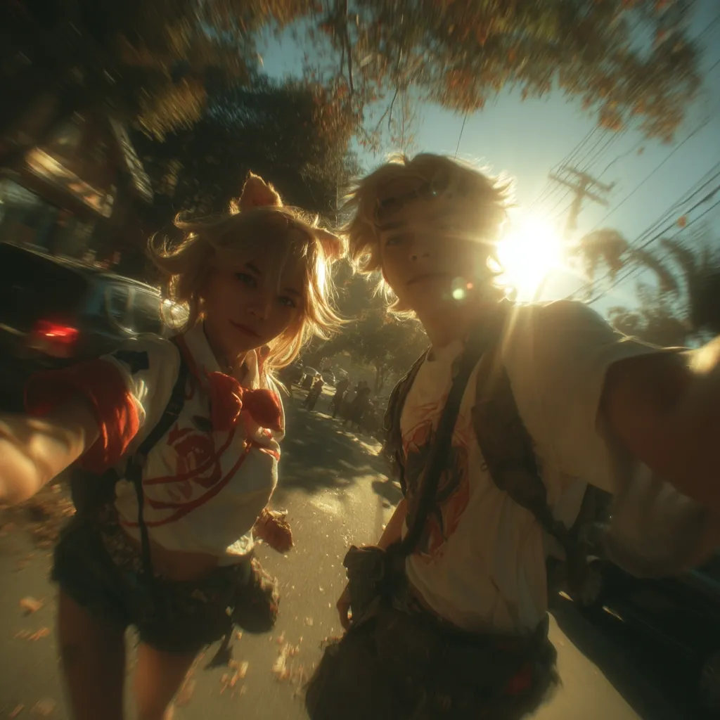 A low-angle, selfie-style shot captures two individuals in anime cosplay, likely at a convention or outdoor event.  The sun shines brightly behind them, creating a backlit effect.  The cosplayer on the left is dressed in a predominantly white and red outfit, while the cosplayer on the right wears a distressed white shirt and dark pants.  The background is blurred, showing a street scene with other people and cars. The overall vibe is energetic and vibrant.