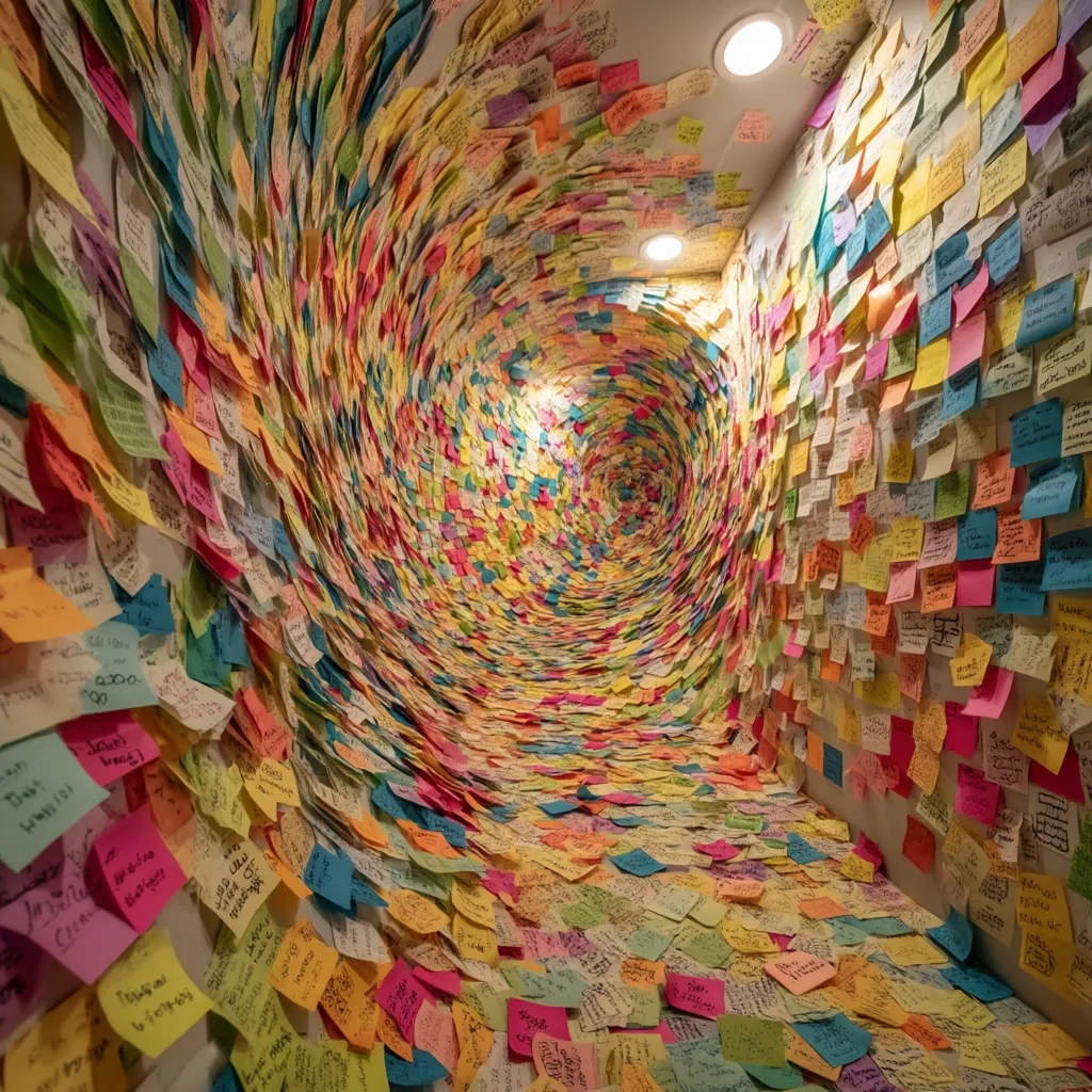 A swirling vortex of colorful sticky notes covers the walls and floor of a hallway.  Thousands of notes, each bearing handwritten messages, create a vibrant, immersive tunnel of text and color. The notes are densely packed, forming a captivating and overwhelming visual display. The scene is brightly lit, highlighting the multitude of messages.