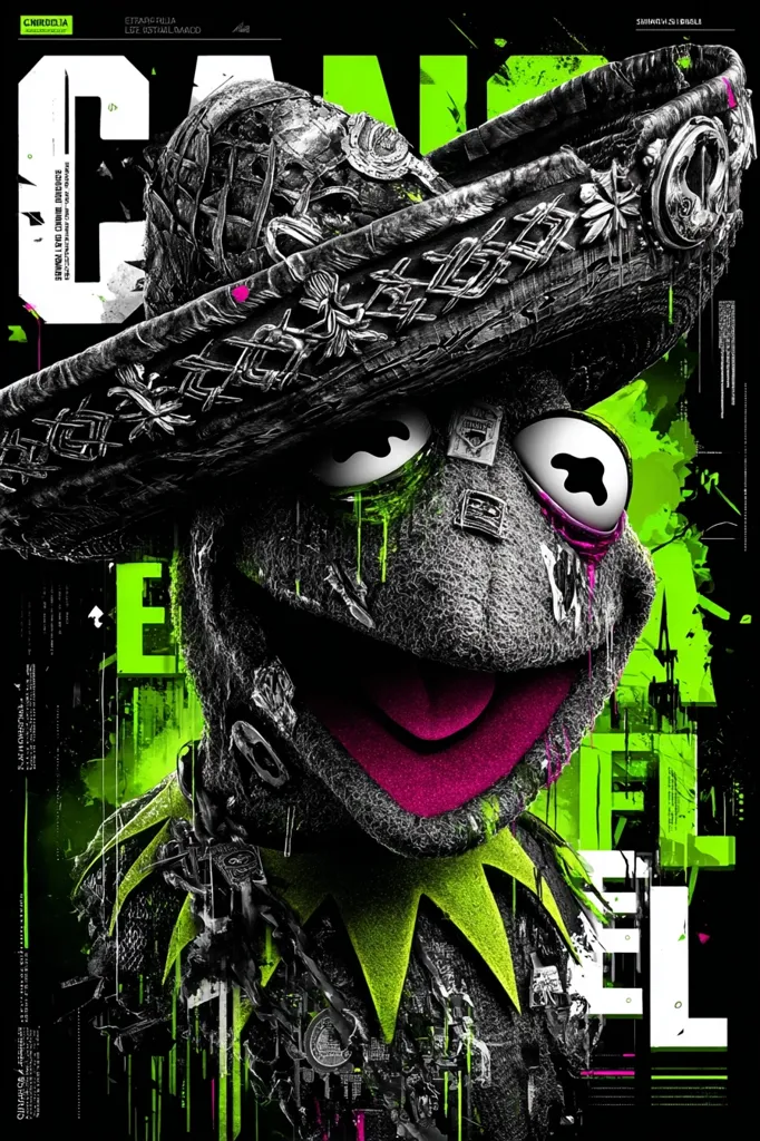 A stylized illustration of Kermit the Frog, wearing a sombrero, dominates the artwork.  The image is predominantly black and white, contrasted with vibrant lime green accents. Kermit's features are textured and seemingly distressed, with a gritty, almost cyberpunk aesthetic. The background features fragmented text and graphic elements, adding to the overall chaotic yet captivating design.  The overall effect is a blend of dark and playful, showcasing Kermit in a bold, unconventional manner.