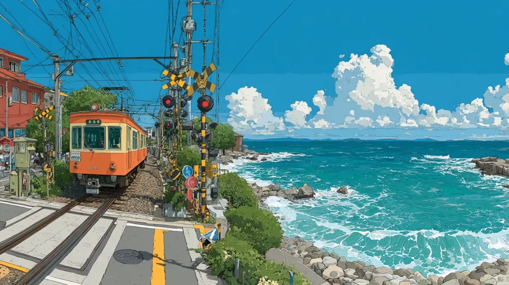 A vibrant illustration depicts a seaside town on a sunny day. A quaint orange train approaches a level crossing, passing through a neighborhood near the ocean.  The turquoise water crashes gently against a rocky shore, under a bright blue sky dotted with fluffy white clouds.  Railway signals and overhead lines add detail to the scene, evoking a peaceful coastal atmosphere.