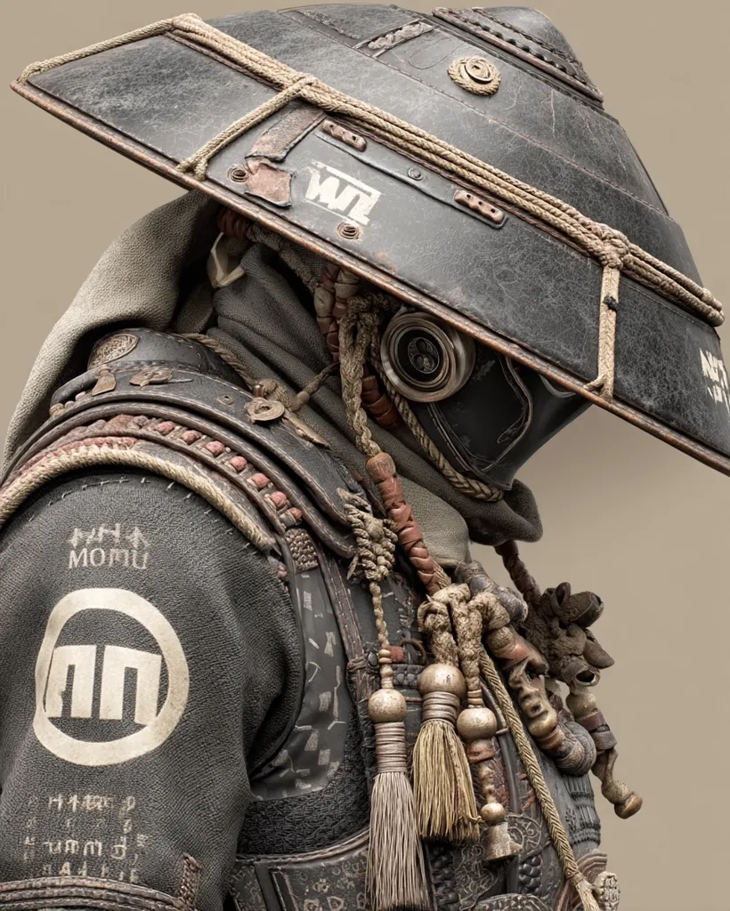 A digital rendering depicts a futuristic samurai.  The figure wears a weathered, wide-brimmed hat secured with rope, and a dark, intricately detailed suit of armor adorned with  symbols and tassels.  The armor blends traditional Japanese aesthetics with cyberpunk elements, suggesting a blend of old and new technologies. The face is partially obscured by the helmet, adding an air of mystery. The overall texture and color palette create a gritty, post-apocalyptic feel.