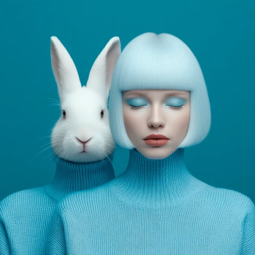 A serene woman with pale blue hair, styled in a blunt bob, wears a light blue turtleneck sweater.  A white rabbit's head peeks out from the neckline, creating a whimsical and unified image.  The woman's eyes are closed, suggesting tranquility, against a matching teal background. The overall aesthetic is minimalist and stylized.