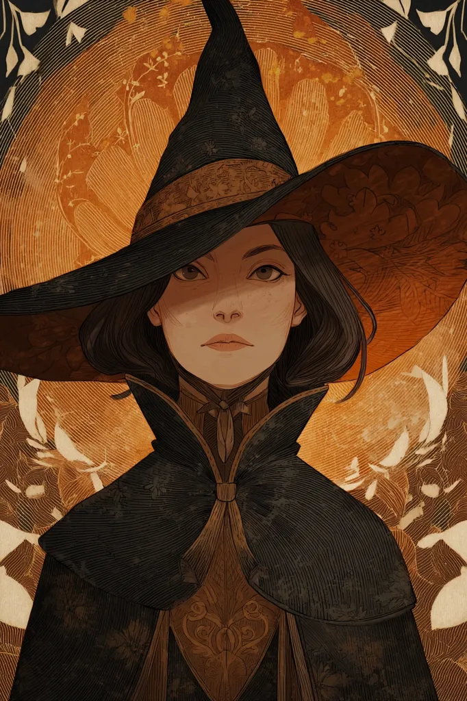 A stylized portrait of a young woman in a large, wide-brimmed witch's hat.  She wears an ornate, dark-colored cloak with gold detailing over a high-necked garment. Her expression is serious and her gaze is direct. The background features an autumnal orange sunburst pattern with stylized floral elements, creating a mystical and atmospheric scene. The art style is reminiscent of vintage illustrations or book covers.