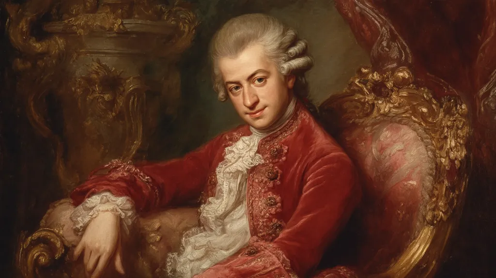 A portrait painting depicts a young man seated in an ornate chair. He wears a rich red velvet coat over a white lace cravat and shirt. His powdered wig is styled in the fashion of the late 18th century.  The background features a dark, richly decorated vase and draped fabric, adding to the opulent atmosphere. The man's expression is pleasant and self-assured. The painting's style suggests a Baroque or Rococo influence.