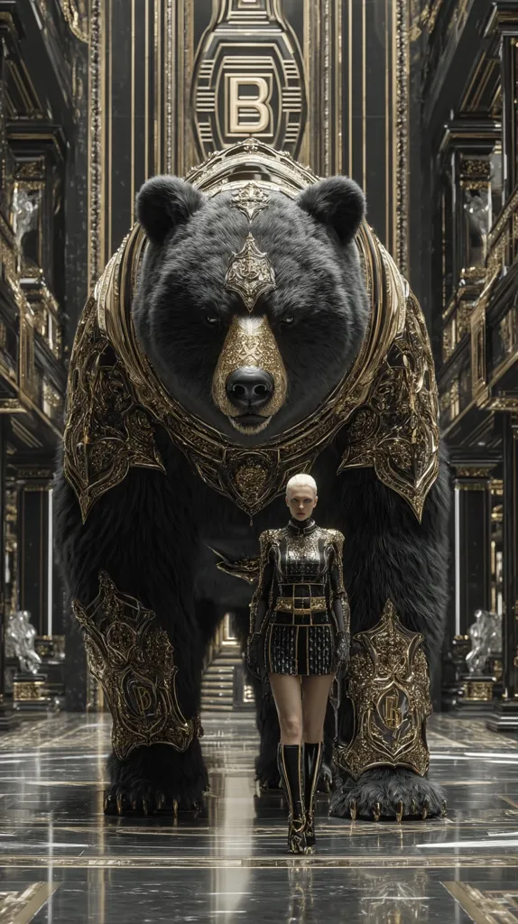 A large black bear, adorned in ornate gold armor, stands majestically in a grand, dark hall.  A woman in a matching black and gold armored dress walks confidently before the bear. The opulent setting features marble floors and gilded architectural details, creating a scene of powerful symbiosis between nature and refined luxury.  A large "B" is prominently displayed above.