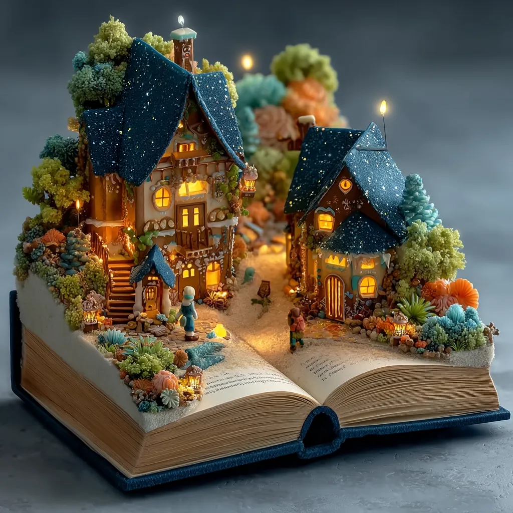 A whimsical gingerbread village scene is meticulously crafted within the open pages of a book.  Two charming houses, adorned with snow-like detailing and warm interior lights, are nestled amidst miniature trees and plants.  Tiny figures add a sense of scale to this enchanting, edible landscape, creating a captivating fairy tale world. The book's pages serve as the perfect backdrop for this delightful confectionery creation.