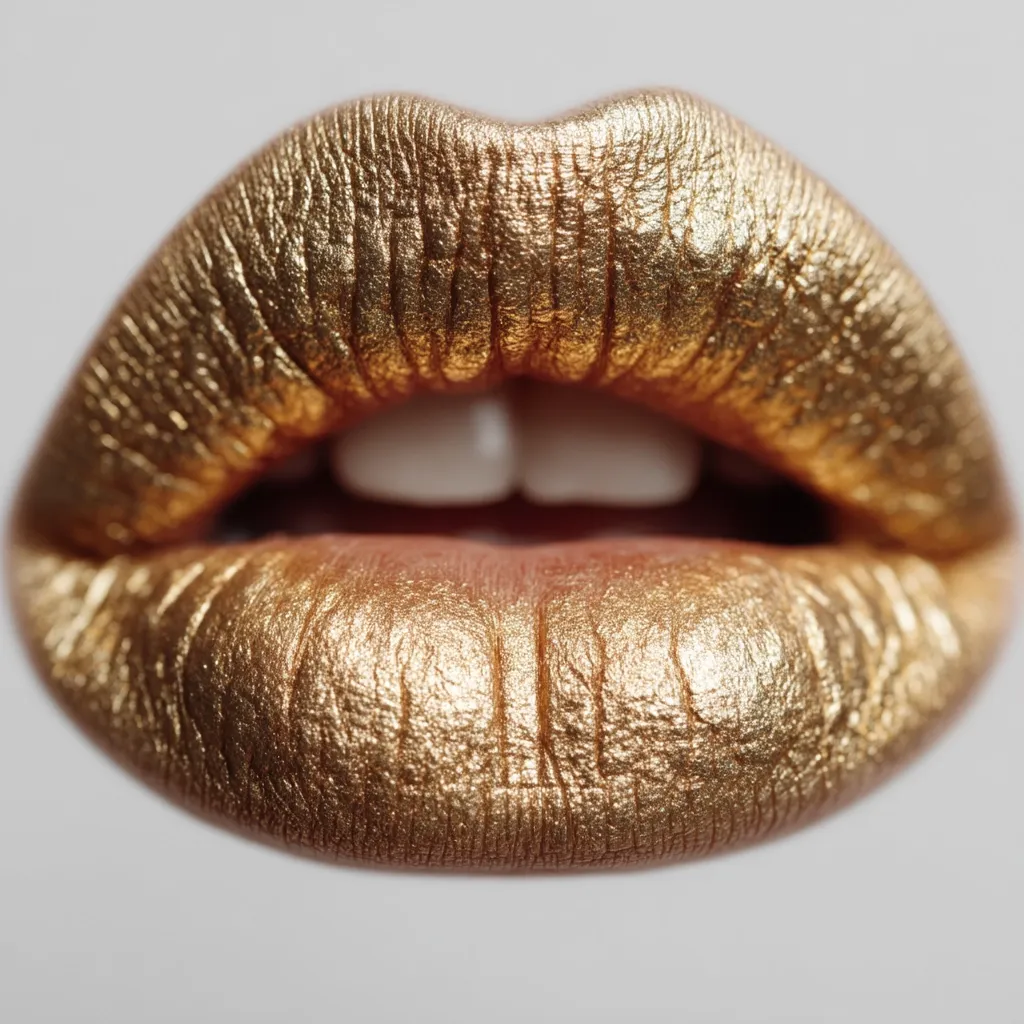 Close-up of a pair of lips coated in shimmering gold lipstick. The metallic texture is highly visible, with the light reflecting off the textured surface. The lips are slightly parted, revealing a hint of the natural lip color and teeth.  The overall effect is one of luxury and glamour.
